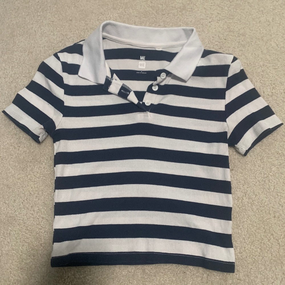 Me to We Blue and White Collared Crop Top